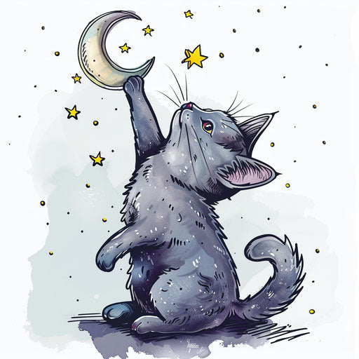Chubby cat reaching for moon and stars