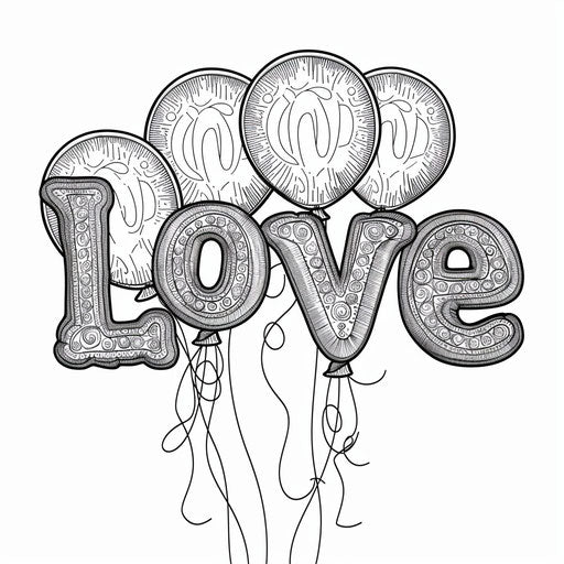 Outline of balloons forming the word 'Love'. Coloring book page