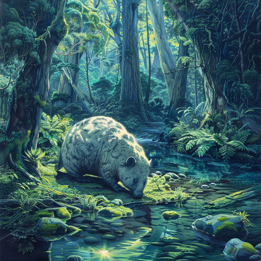 Wombat grazing near a crystal-clear stream in a vibrant forest