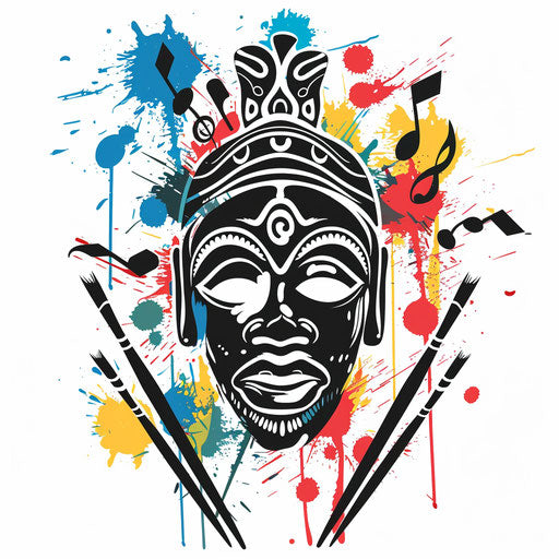 Cultural mask surrounded by musical notes and art brushes