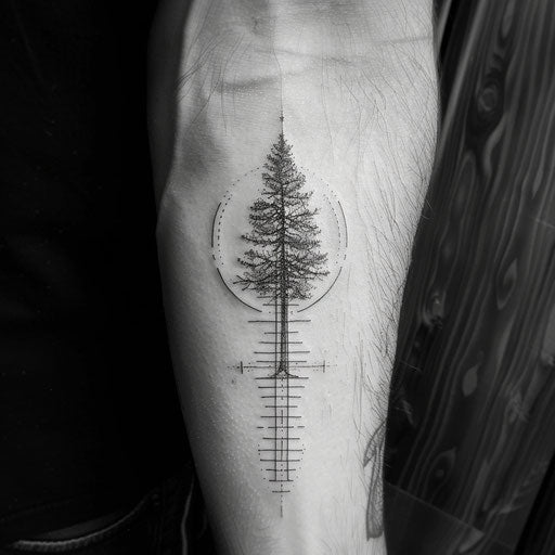 Simple tree fine line tattoo in the style of J.P. Targete