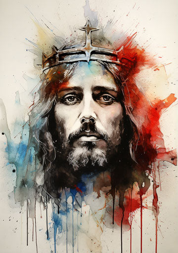 Jesus tattoos with crown and face, ink wash style