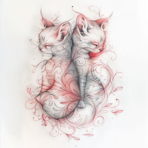 Romantic tattoo sketch of two cats with entwined tails, soft pink and white colors