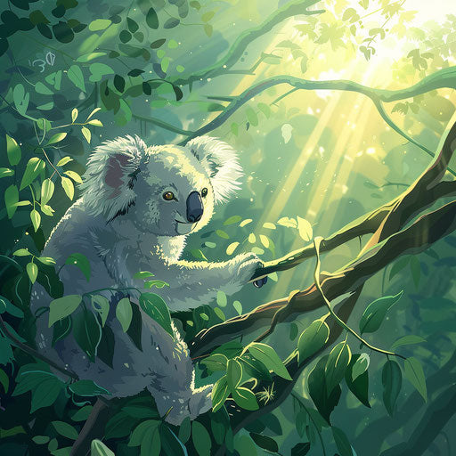 Koala in a vibrant green eucalyptus forest