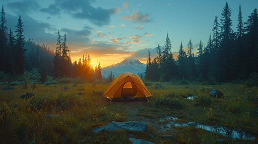 Lonely tent in vast forest with Mt. Rainier silhouette at sunset