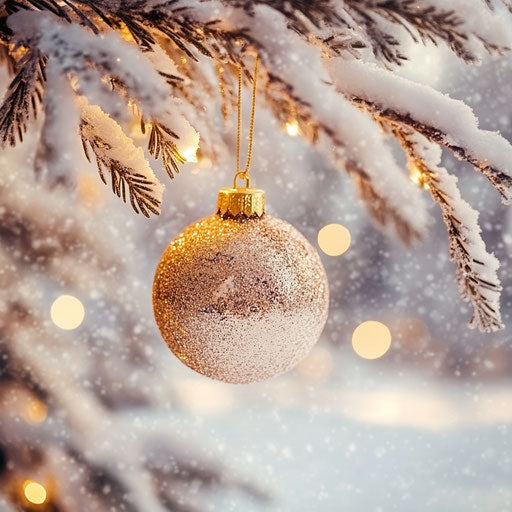 Glittering gold Christmas ball hanging from frosted tree branch