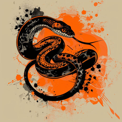 Dynamic flat tattoo sketch of a striking serpent, vivid oranges and deep blacks, clipart style