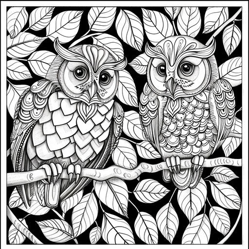 Cuddly owls in a tree in the style of Mindy Sommers Coloring book page