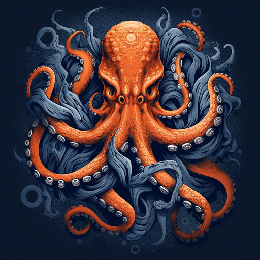 Orange and blue octopus logo, light navy and white style