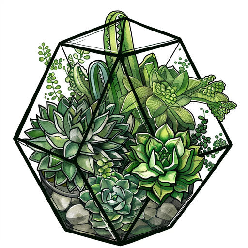 Botanical clipart style flat tattoo sketch for dotwork tattoo, a variety of succulents in a geometric terrarium, green shades