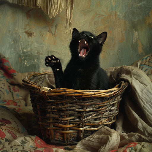 Black cat in a wicker basket with mouth wide open on a bed