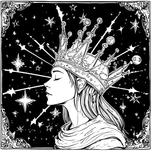 Queen with celestial motifs, in the style of Andy Marlette, Coloring book page