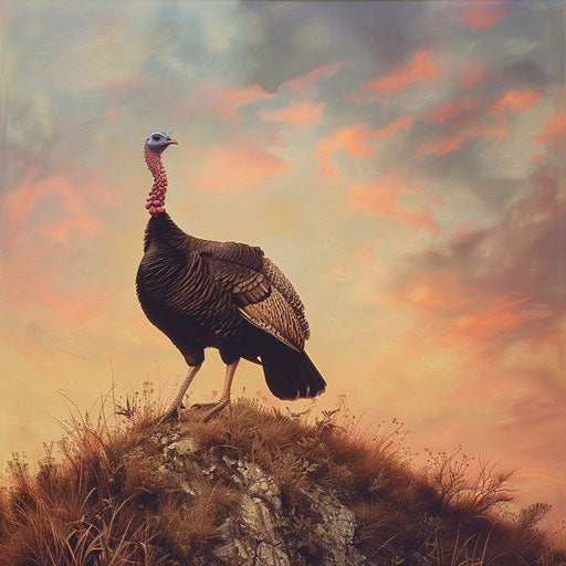 Wild turkey proudly standing on a hilltop