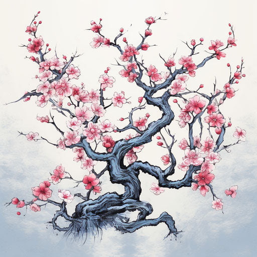 Cherry blossom tree with branch and fruit, hand-drawn ink elements