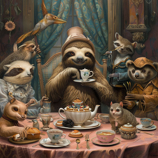 A sloth at a surreal tea party