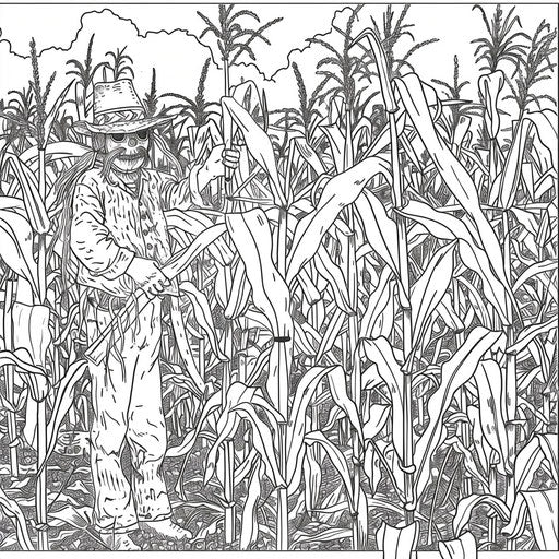 Cornfield with scarecrow - Coloring book page