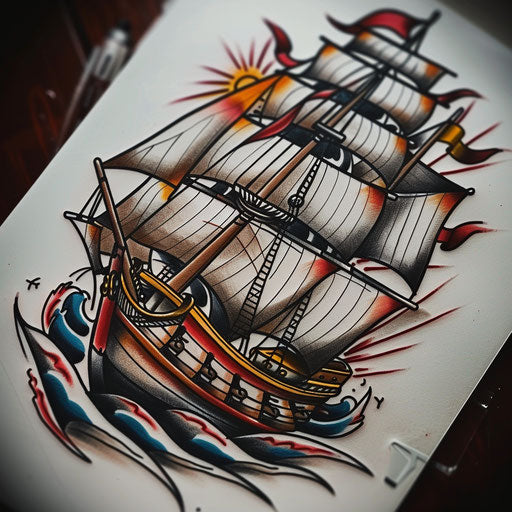 Drawing of a fully rigged ship in old school tattoo style