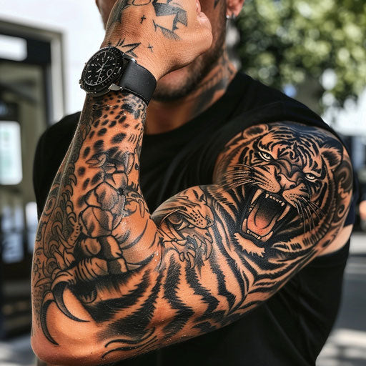 Arm tattoo with fierce animal designs, Ami James style