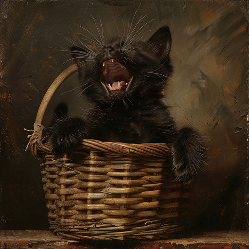 Black kitten yawning in a wicker basket