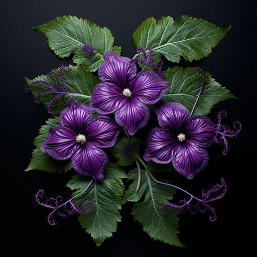 Two purple flowers in greenery, paleocore style, symmetrical asymmetry