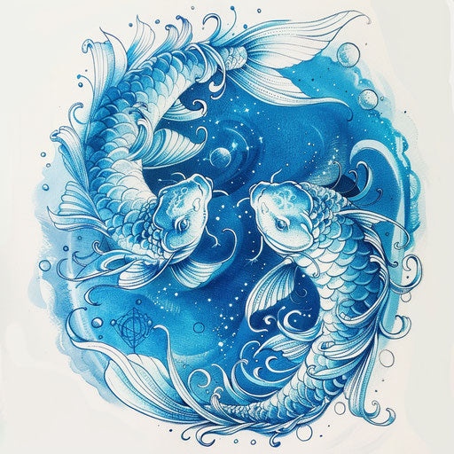 Flat tattoo sketch of Pisces zodiac with two fish, dreamy blue clipart style