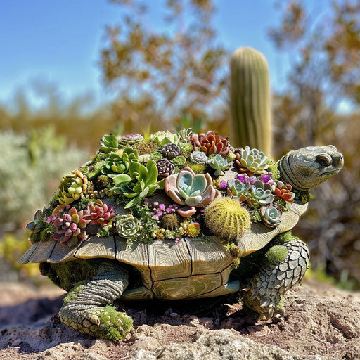 A turtle with a shell of living succulents in a desert
