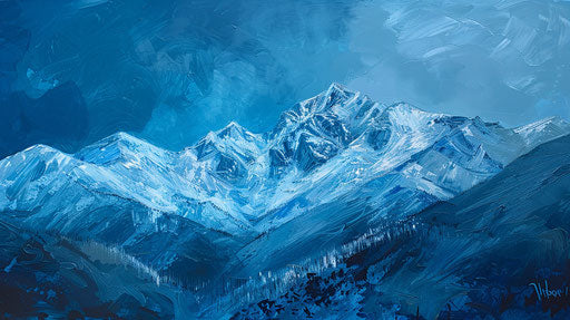 Pikes Peak mountain painted in monochromatic blue, post-impressionist style