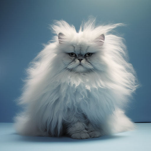 Fluffy Persian cat on a wooden table, in the style of Nick Knight