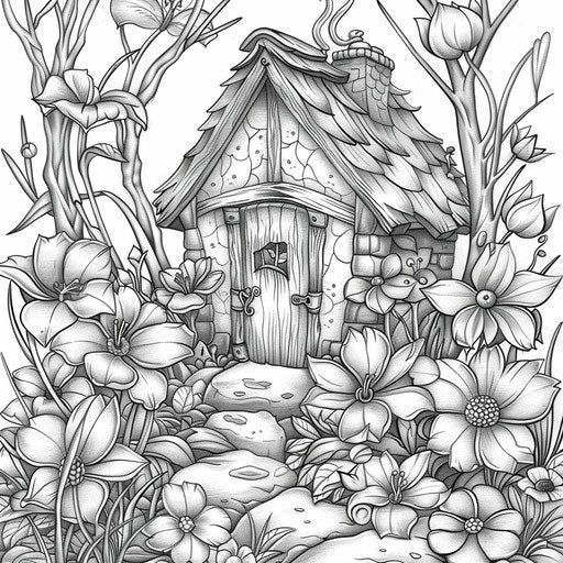 Fairy house hidden among spring flowers
