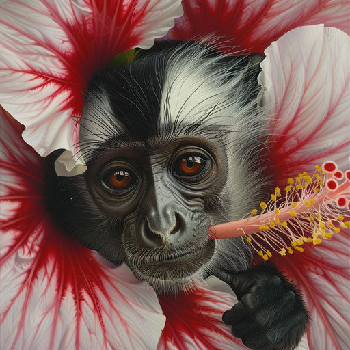 Zanzibar red colobus peeking from behind a large flowering hibiscus