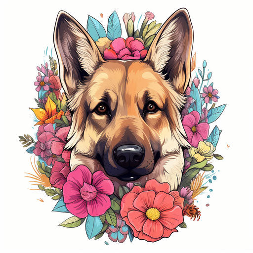 German shepherd head with flower background, line drawing style