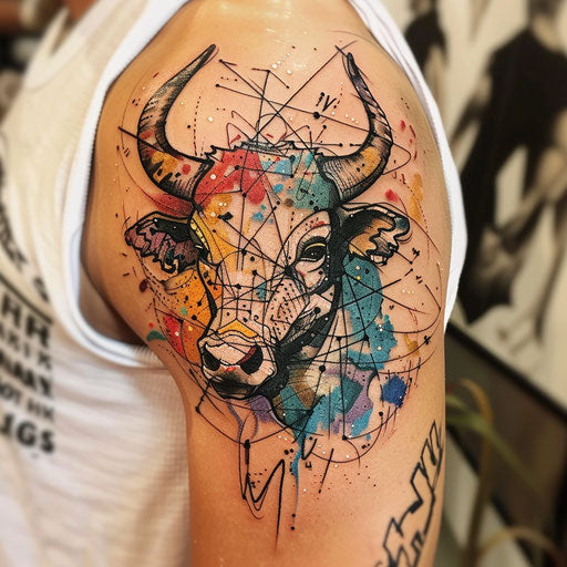 Dynamic tattoo sketch of the Taurus constellation with a splash of expressionist art strokes and vivid multicolor