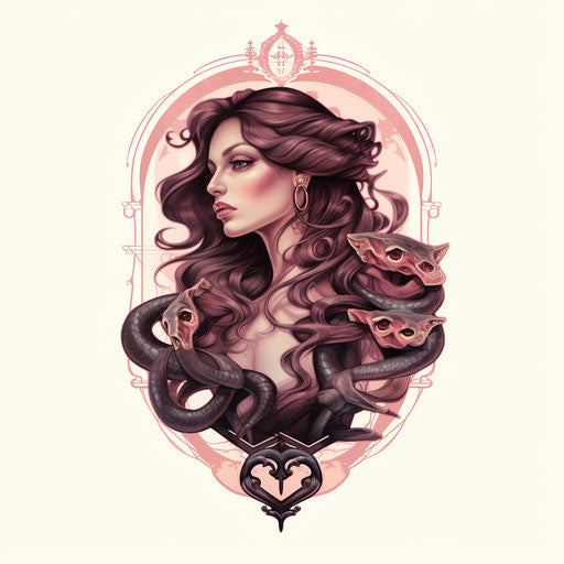 Tattoo concept illustration for women, occultism and culture on white background, in dark pink and dark beige, figura serpentinata, object portraiture specialist, olympus om-1, pre-raphaelite, gray and bronze