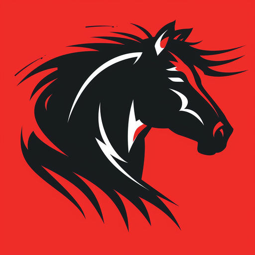 Bold horse logo with a stylized horse silhouette and a red background