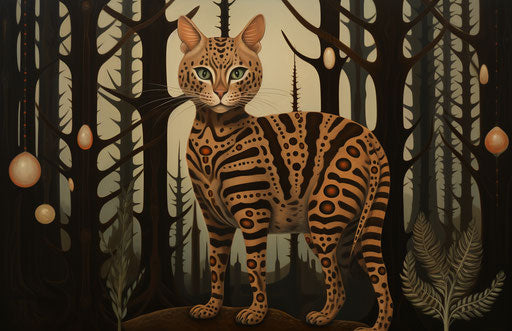 Brown spotted cat walks through an open forest