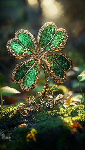 Irish shamrock with gold trim surrounded by green moss