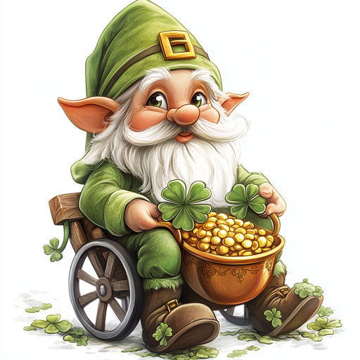 St. Patrick's Day, cute gnome with pot of gold and shamrock