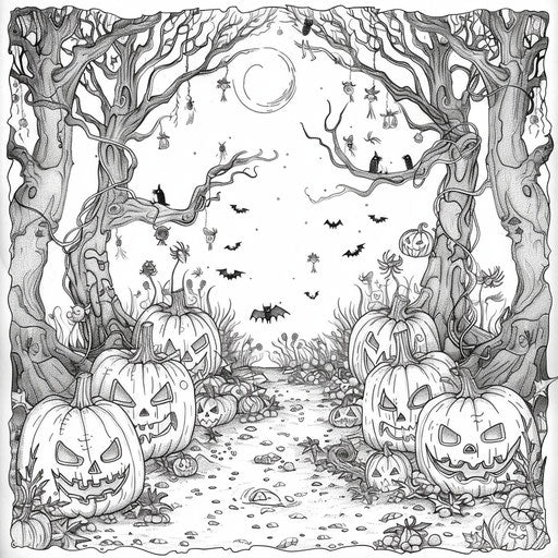 Enchanting Halloween forest with fairies in the style of Johanna Basford Coloring book page