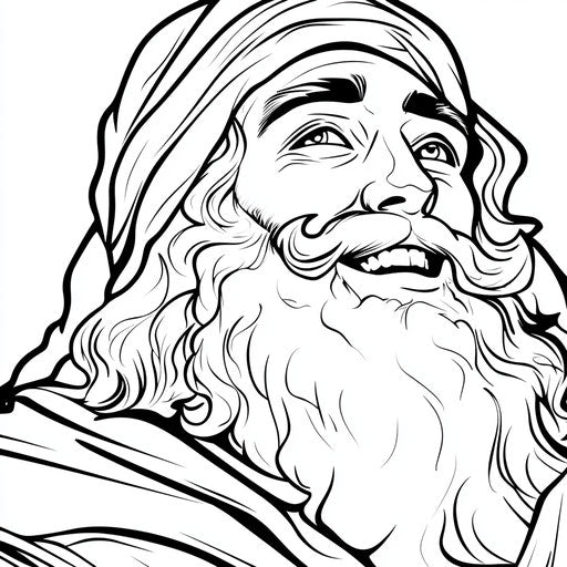 Moses with a smiling face and cartoonish style, in the style of Walt Handelsman, Coloring book page