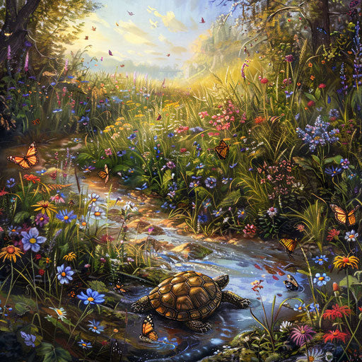 Flower-filled meadow by a brook with a wood turtle