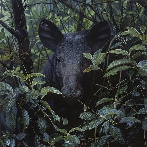 Baird's tapir peering curiously from behind a thick bush