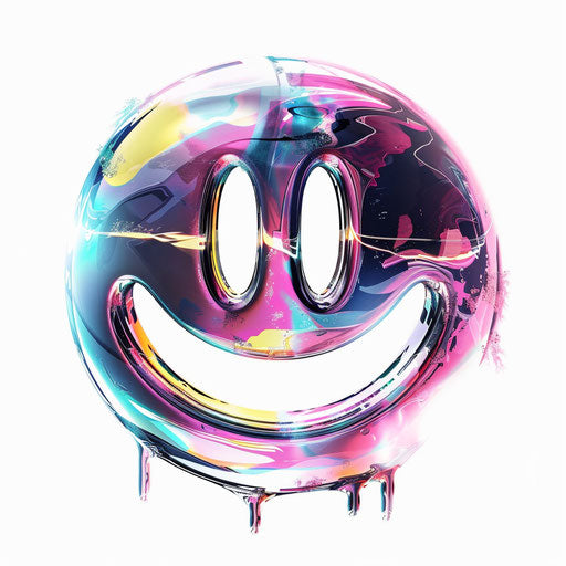 Futuristic holographic smiley face tattoo design, iridescent colors, on white