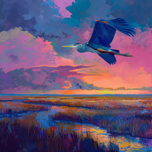 Blue heron flying over a marshland at dawn