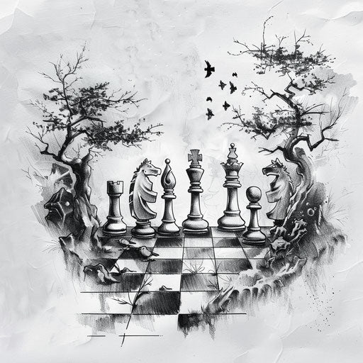 Zen flat tattoo sketch of a minimalist chess set in tranquil setting, soft gray scale