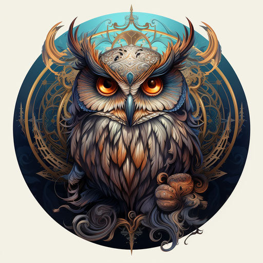 Owl in an ornate design with a bird and feathers