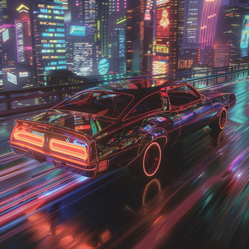 1976 Cyberpunk-Inspired Malibu Classic with Holographic Paint and Digital Displays Cruising Through a Futuristic City
