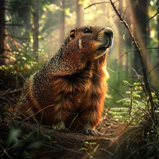 A groundhog searching for food in a dense forest