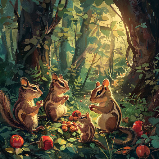 Chipmunks gathering nuts in a lush forest