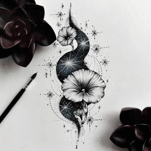 Cosmic tattoo sketch of morning glory against starry sky with glowing effects