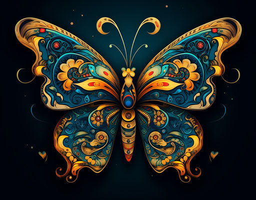 Blue and gold butterfly tattoo design, gothic style, dynamic art